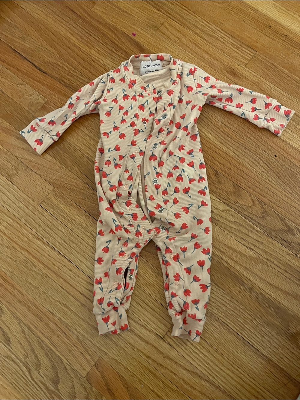 Bobo Choses Beige Footie with Red Floral Print